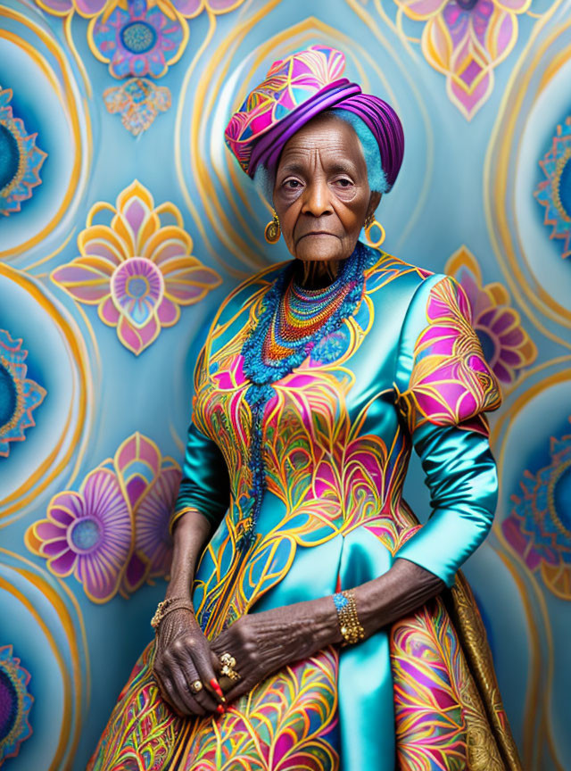 Elderly woman in vibrant traditional African attire and headwrap with colorful necklaces.