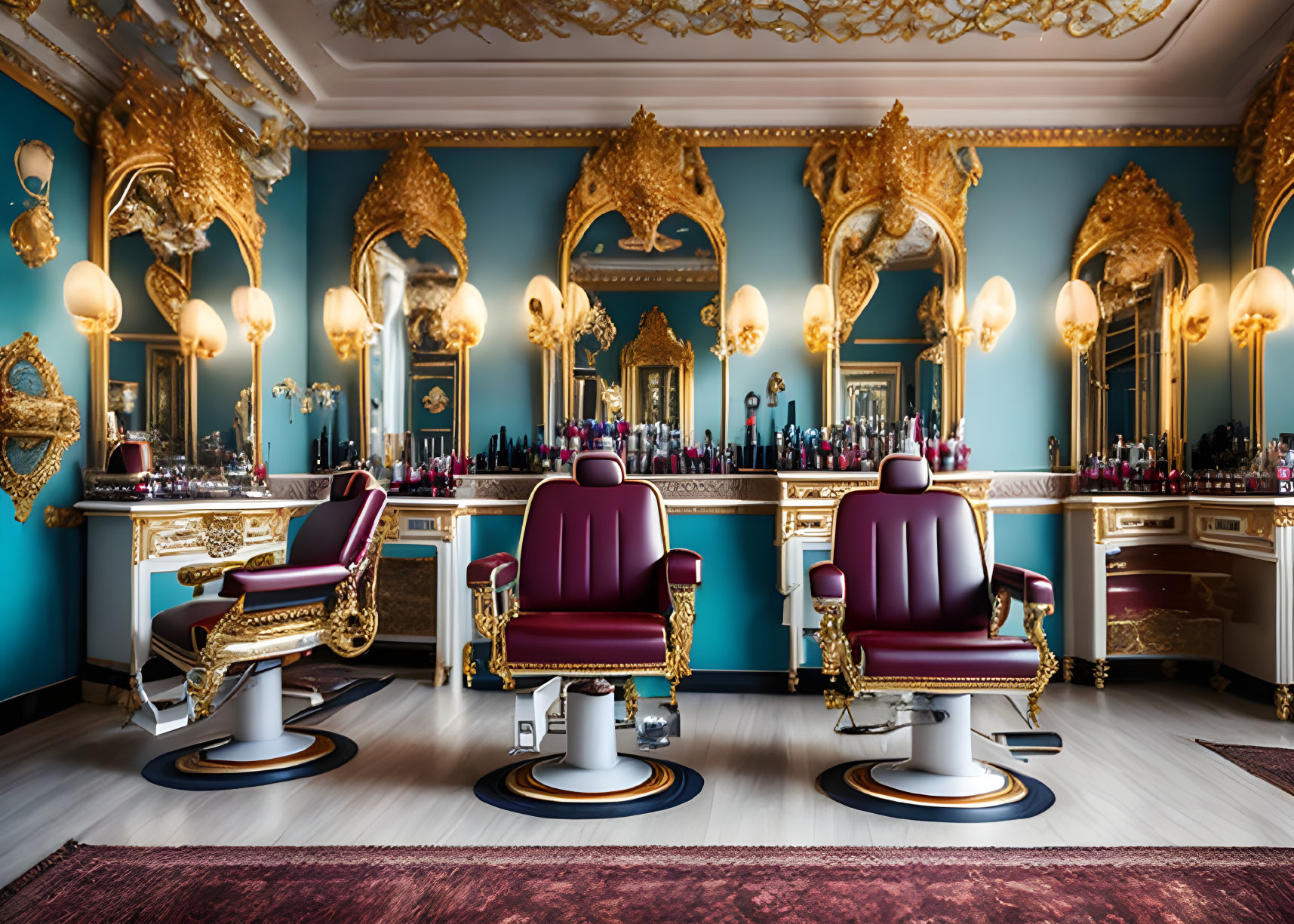 Luxurious Red Barber Chairs in Opulent Barbershop Environment