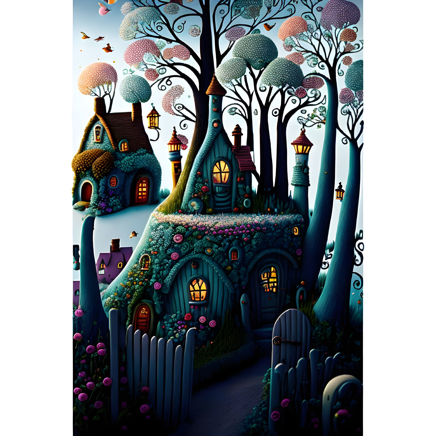 Colorful, magical cottages in twilight forest scene