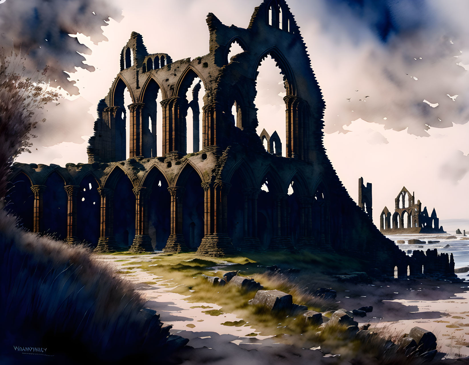 Digital artwork: Ruined Gothic abbey in coastal landscape with dramatic sky