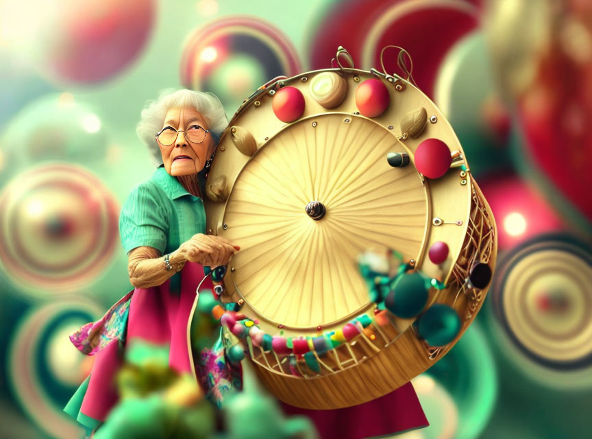 Elderly woman with glasses holding whimsical clock in dreamlike scene