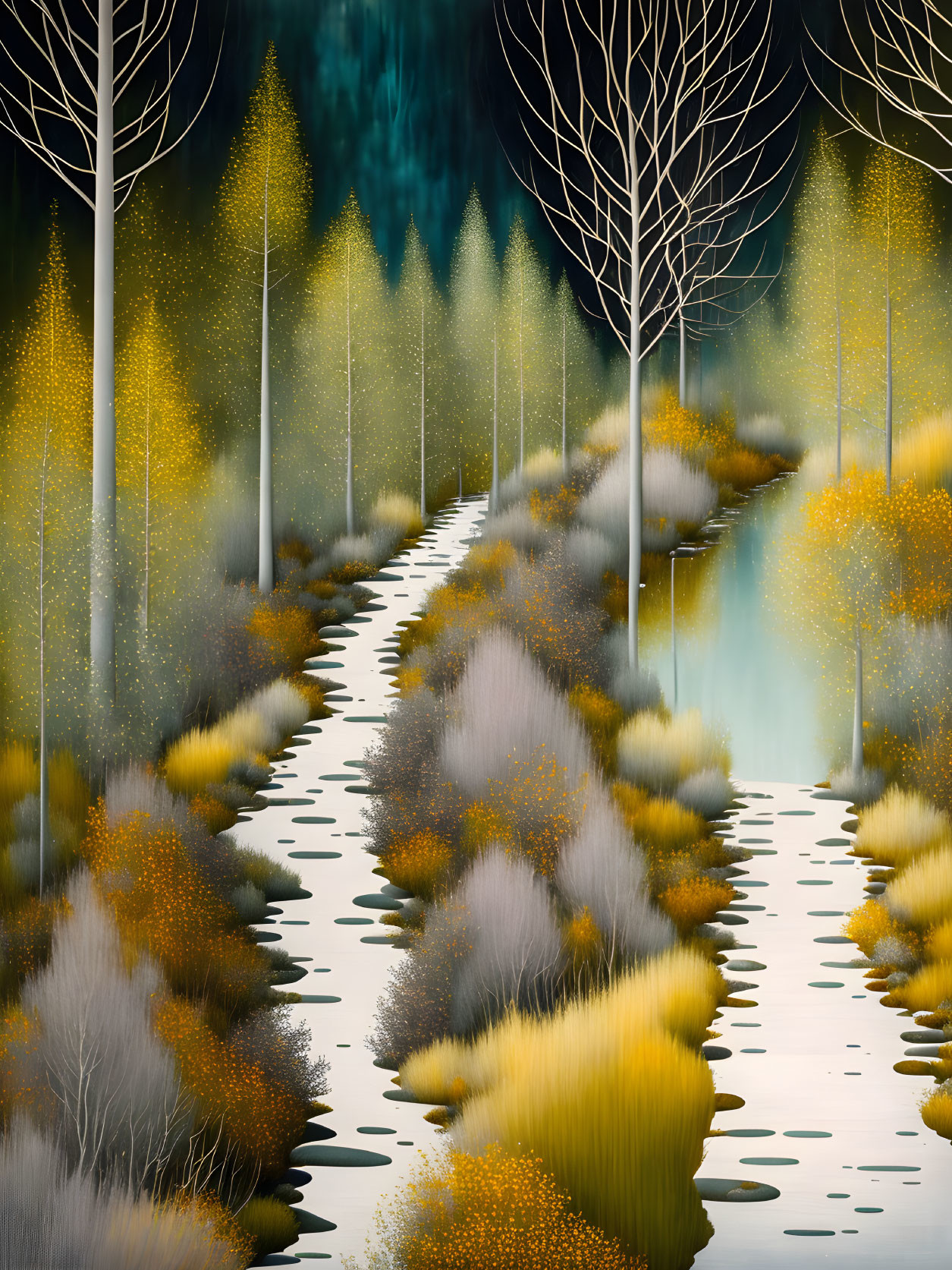 Serene digital painting of forest pathway with stylized trees and shimmering lights