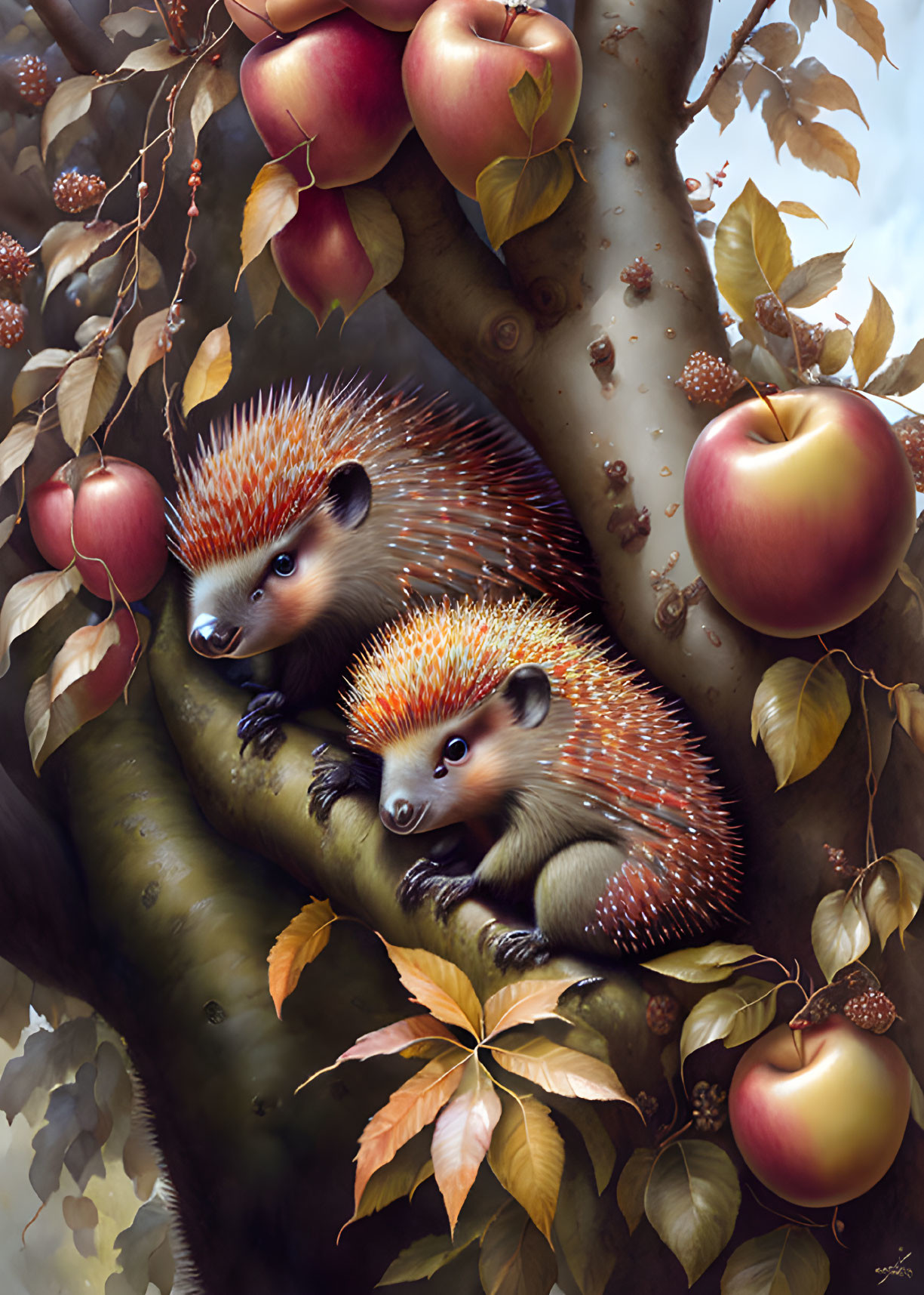 Hedgehogs in tree nook with red apples and autumn leaves