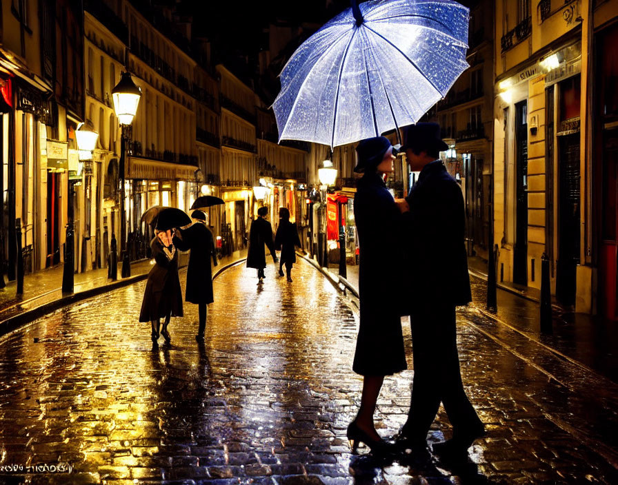 Vintage attired couple dancing under blue-lit umbrella on wet cobblestone street at night.