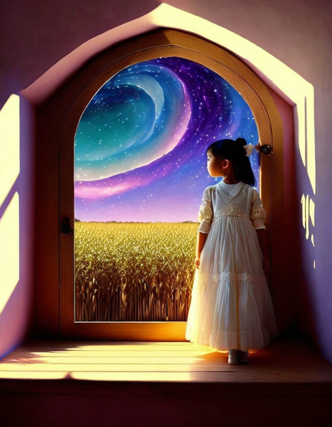 Girl in White Dress Stands at Arched Doorway Under Night Sky