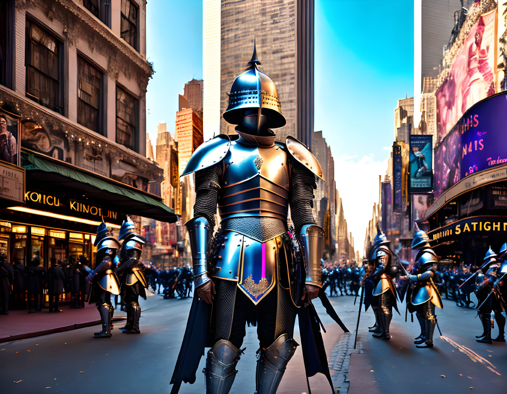 Medieval armor-clad person in modern city setting.