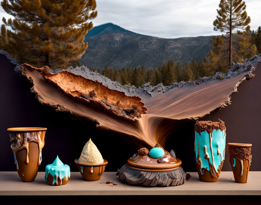 Chocolate-themed melted dessert display with pine trees and mountain backdrop