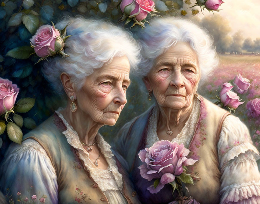 Elderly Women in Vintage Dresses Surrounded by Roses