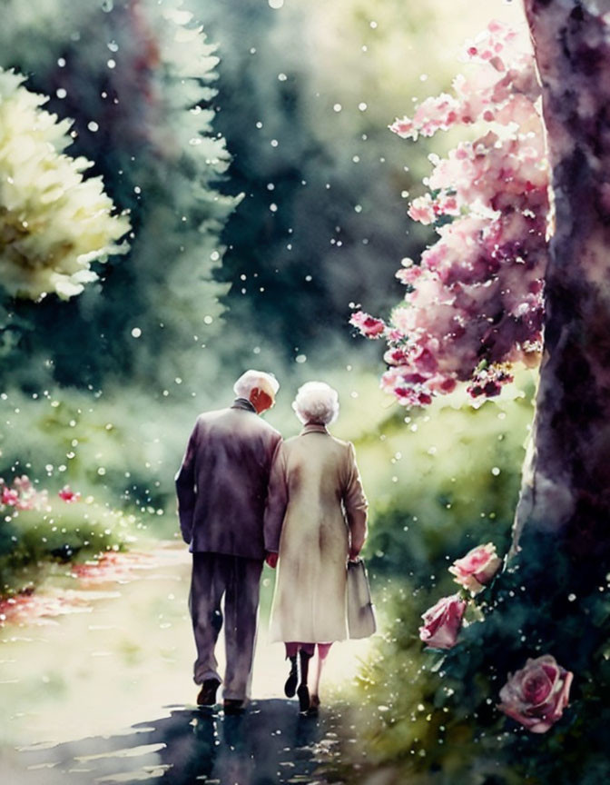 Elderly couple walking in serene blossom-lined path