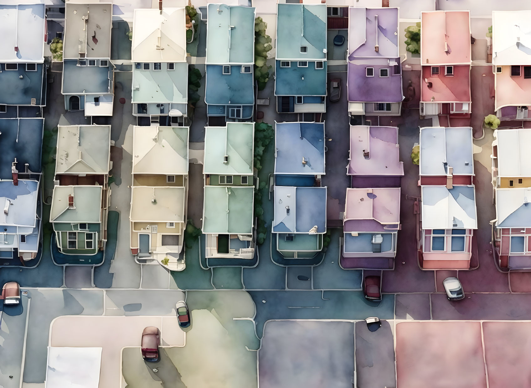 Multicolored Houses in Neat Suburban Neighborhood