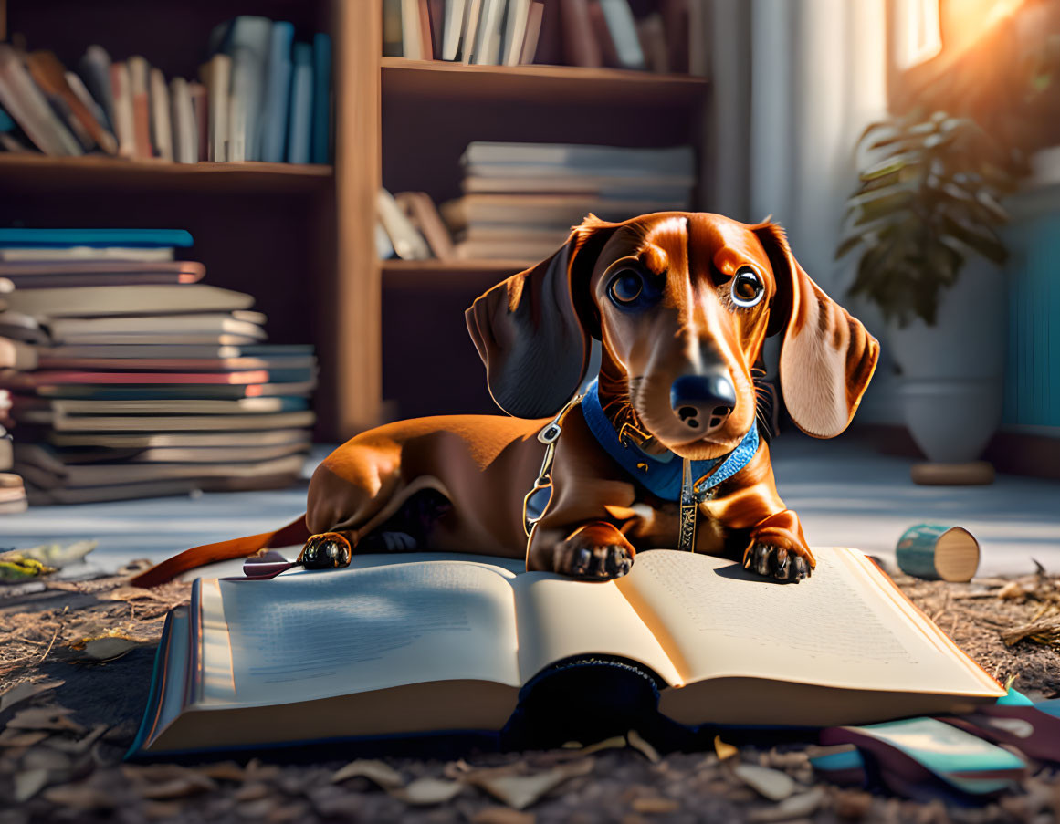 Dachshund on rug with open book in cozy study setting