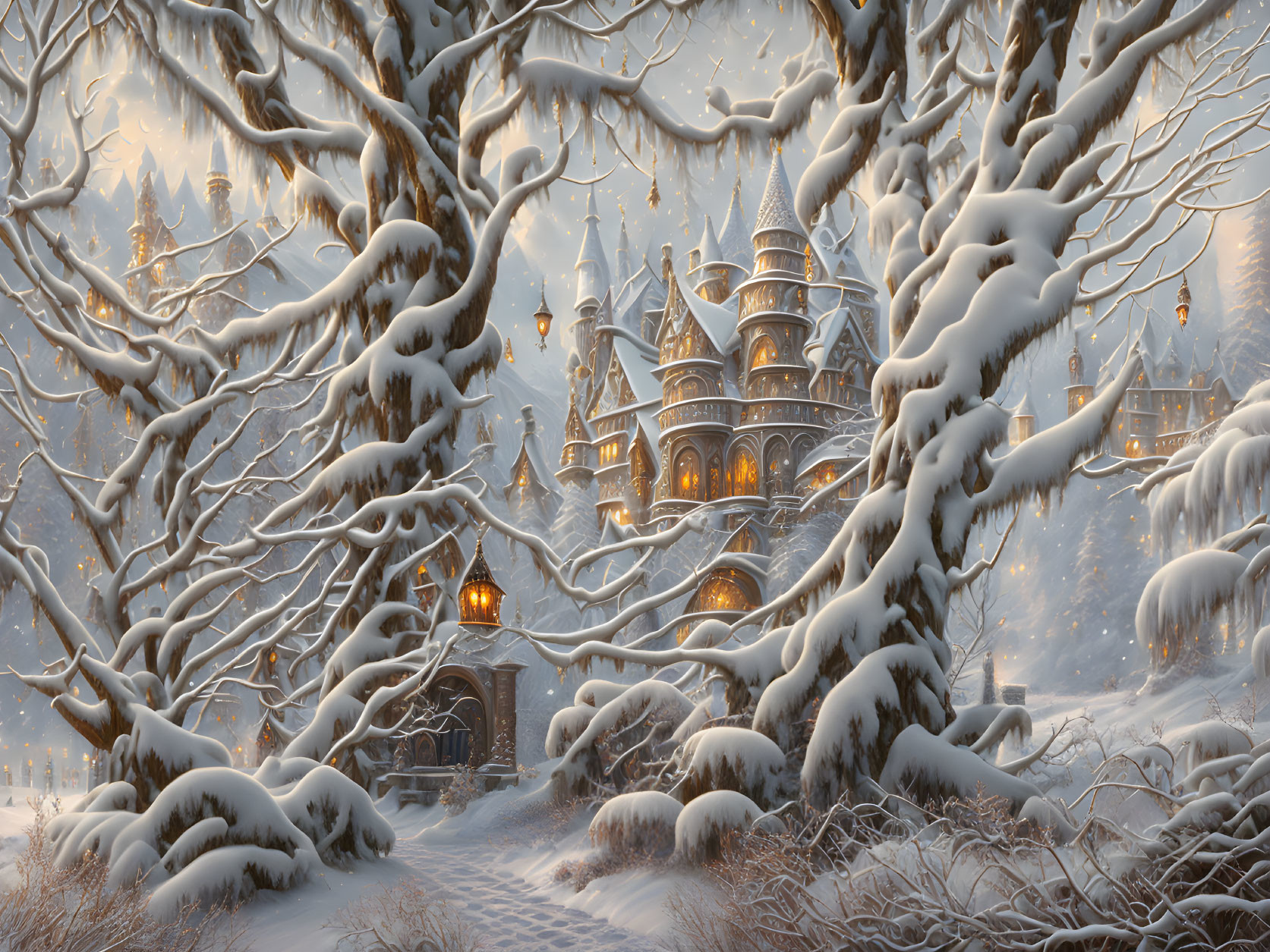 Snow-covered castle and frosted trees in enchanting winter twilight