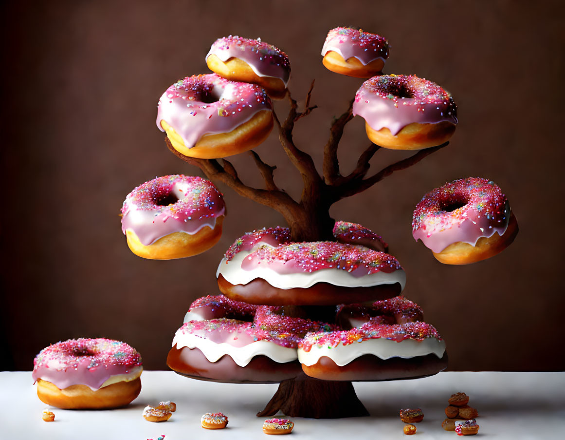 Colorful Candy Sprinkled Donut Tree Sculpture on Moody Background