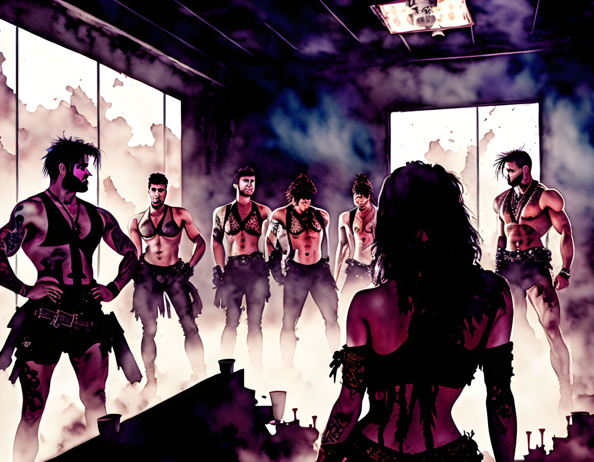 Detailed illustration of woman in dimly lit room with muscular men and graffiti.