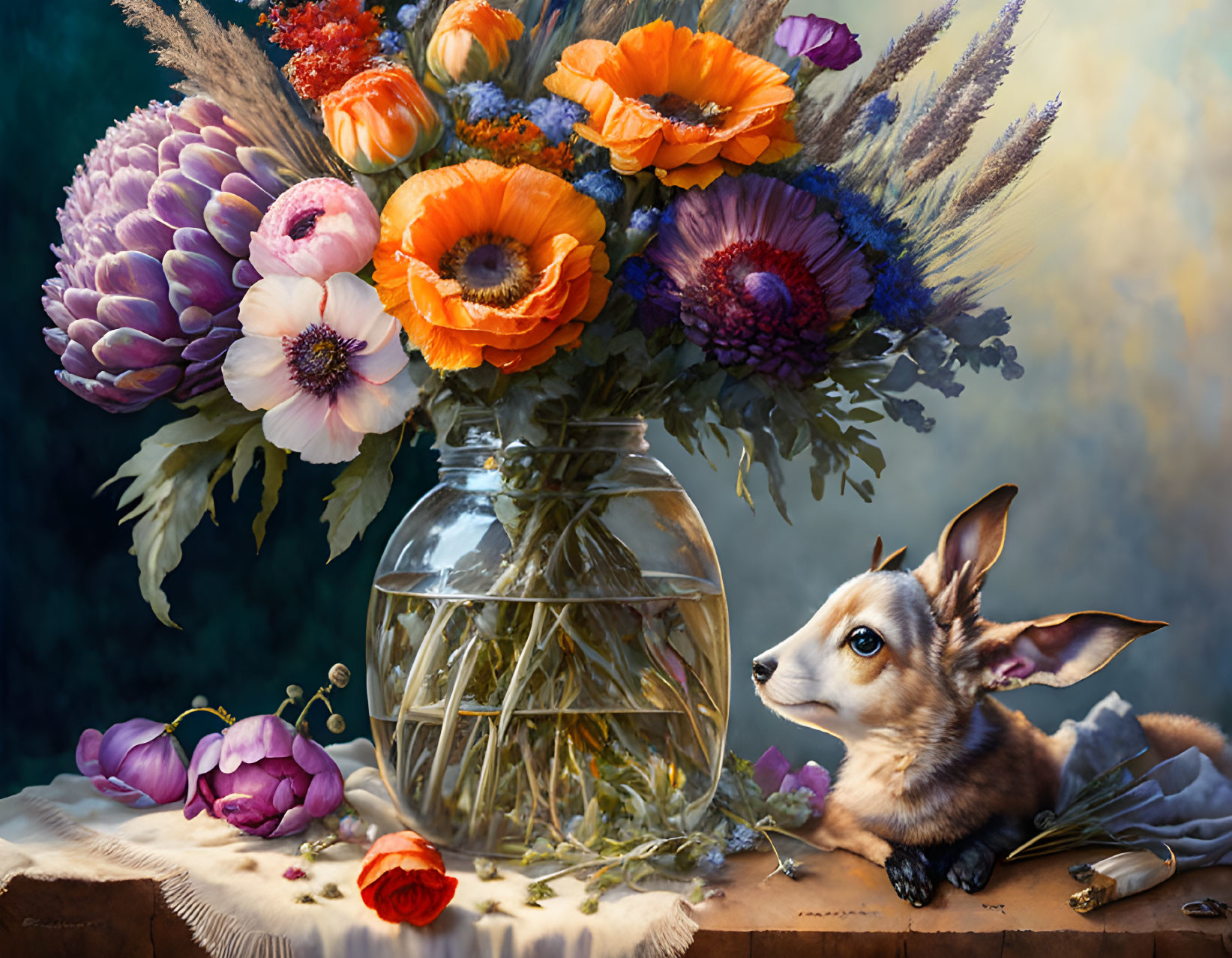 Colorful Flower Bouquet with Corgi Puppy on Rustic Surface