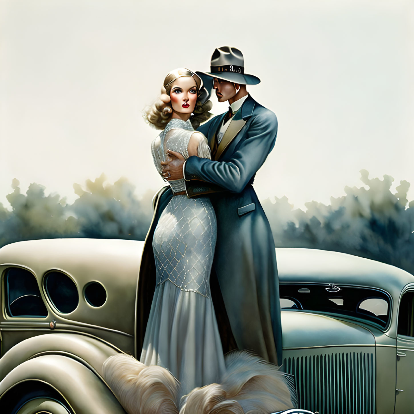 Vintage 1930s illustration of elegant couple with classic car