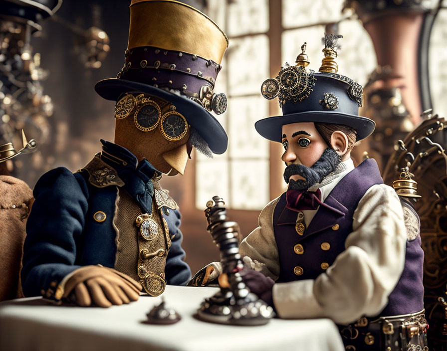 Steampunk-themed chess game with figures in top hats and goggles