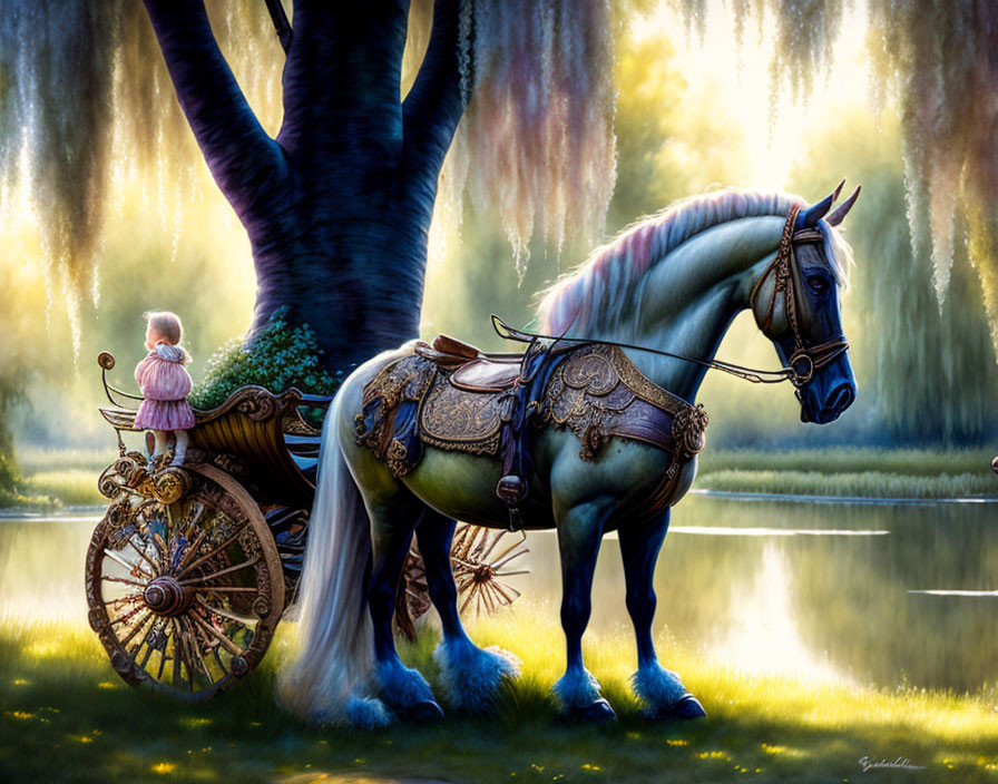 Majestic horse pulling ornate chariot with child in enchanted forest