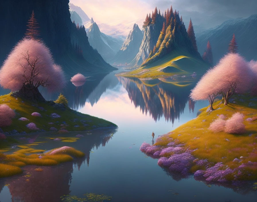 Tranquil landscape with pink blossoming trees, serene river, and majestic mountains