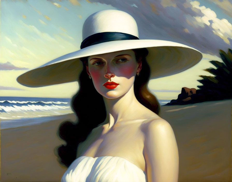 Dark-haired woman in wide-brimmed white hat on sunny beach