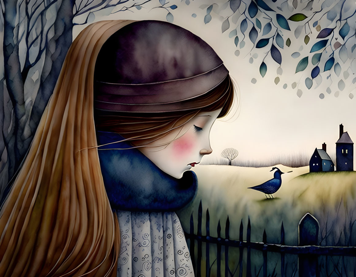 Illustration of a girl with large head, sad expression, scarf, bird, and house in twilight