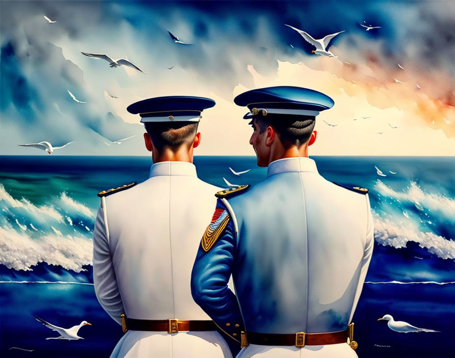 Uniformed individuals in vibrant seascape with seagulls and sunset colors.