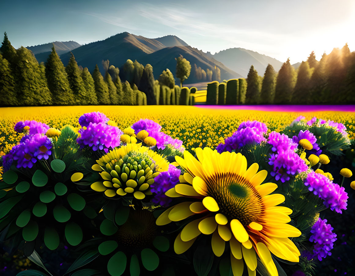 Sunflower-filled field against green hills under sunny sky