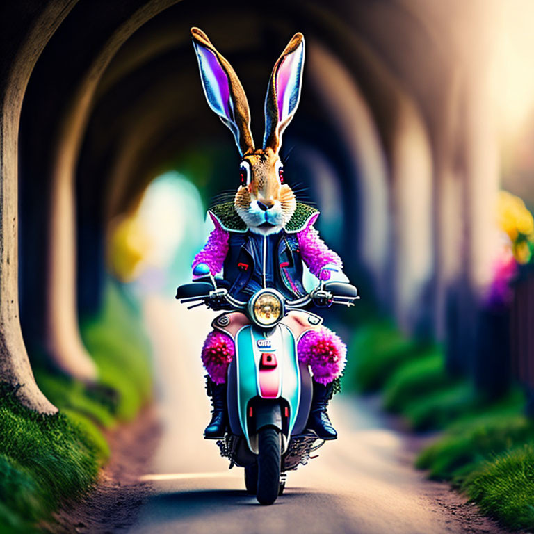 Anthropomorphic rabbit in leather jacket riding scooter down sunlit path