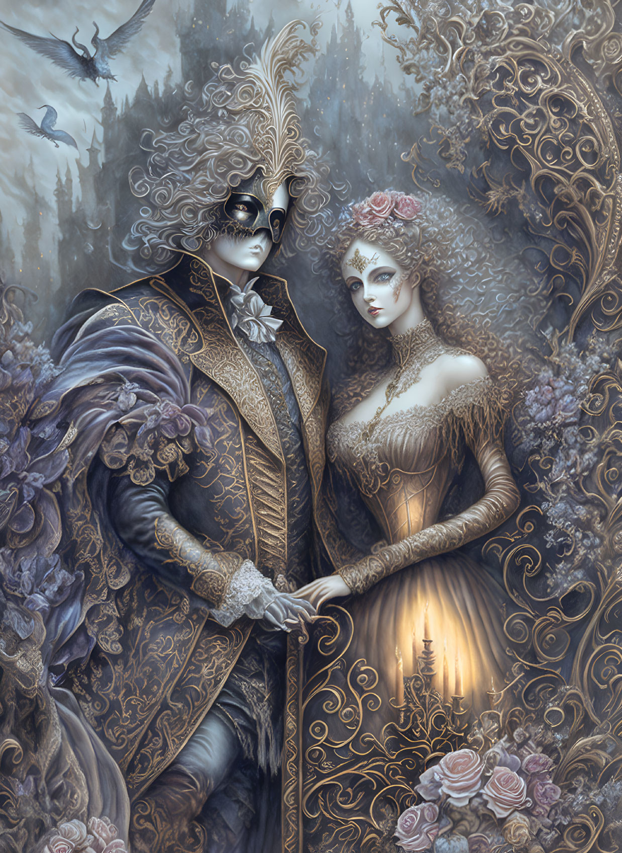 Opulent baroque painting of couple in intricate attire and masks