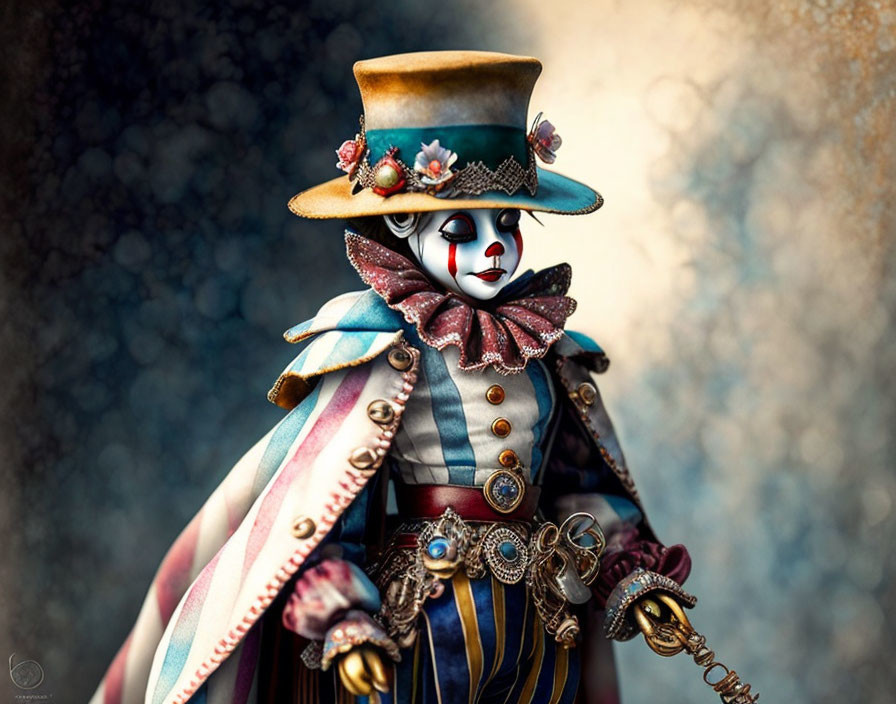 Baroque-style costume with clown makeup and decorated hat