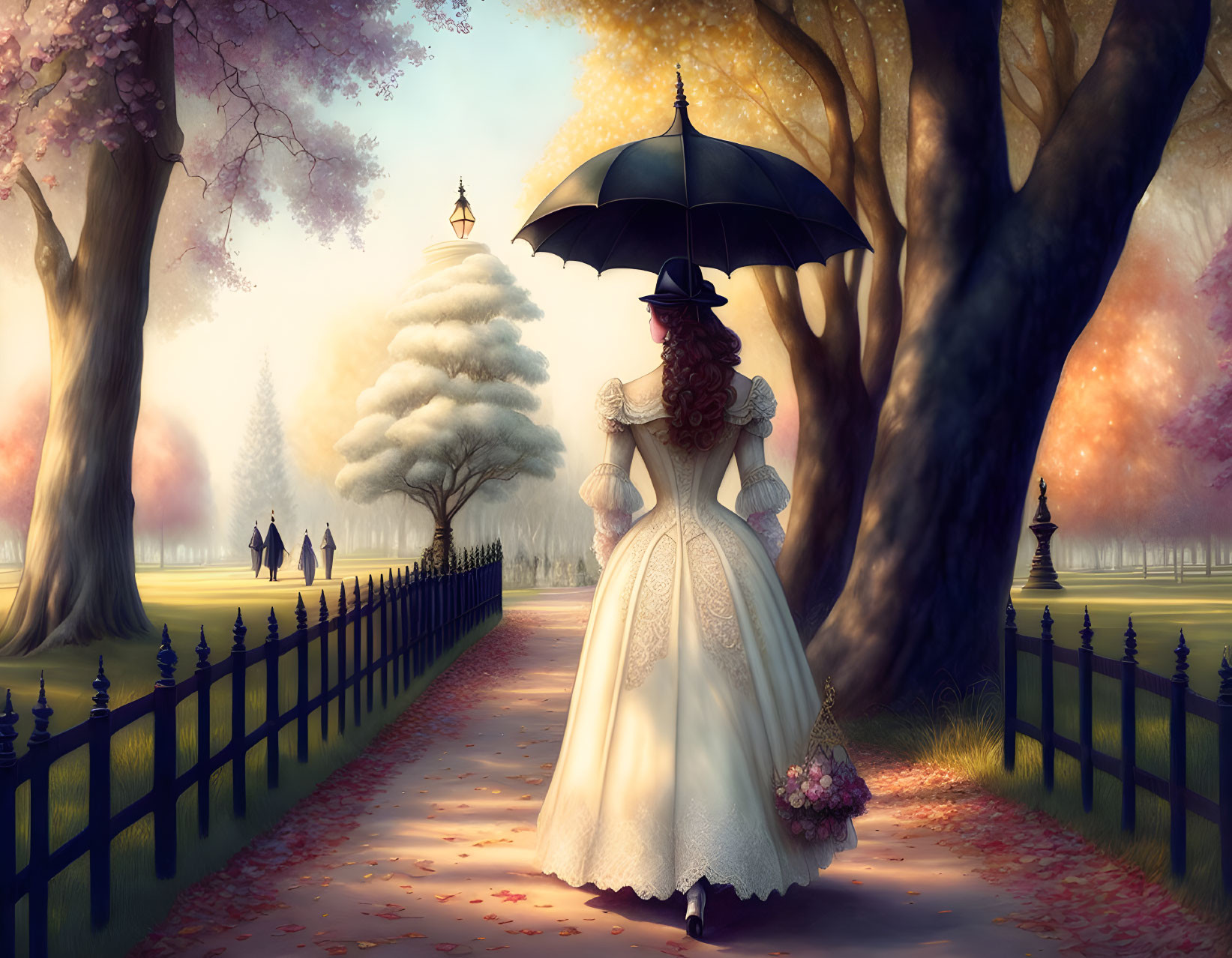 Victorian woman with umbrella strolling in blooming park landscape