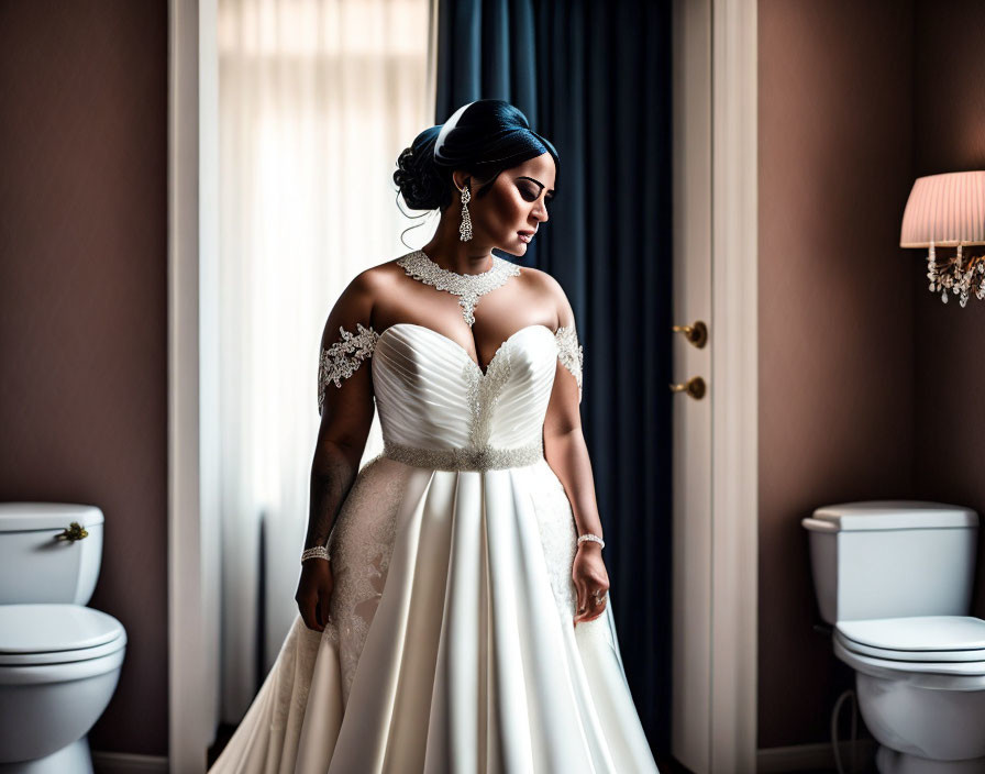 Bride in elegant white gown with lace details by well-lit window