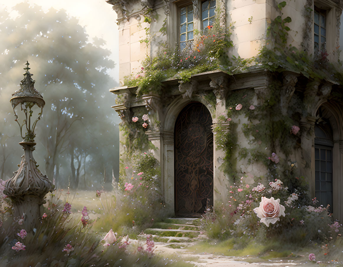 Ivy-covered mansion with wooden door and blooming roses in soft light