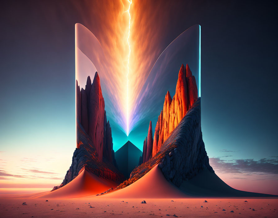 Surreal landscape with towering rock formations and lightning bolt in the sky