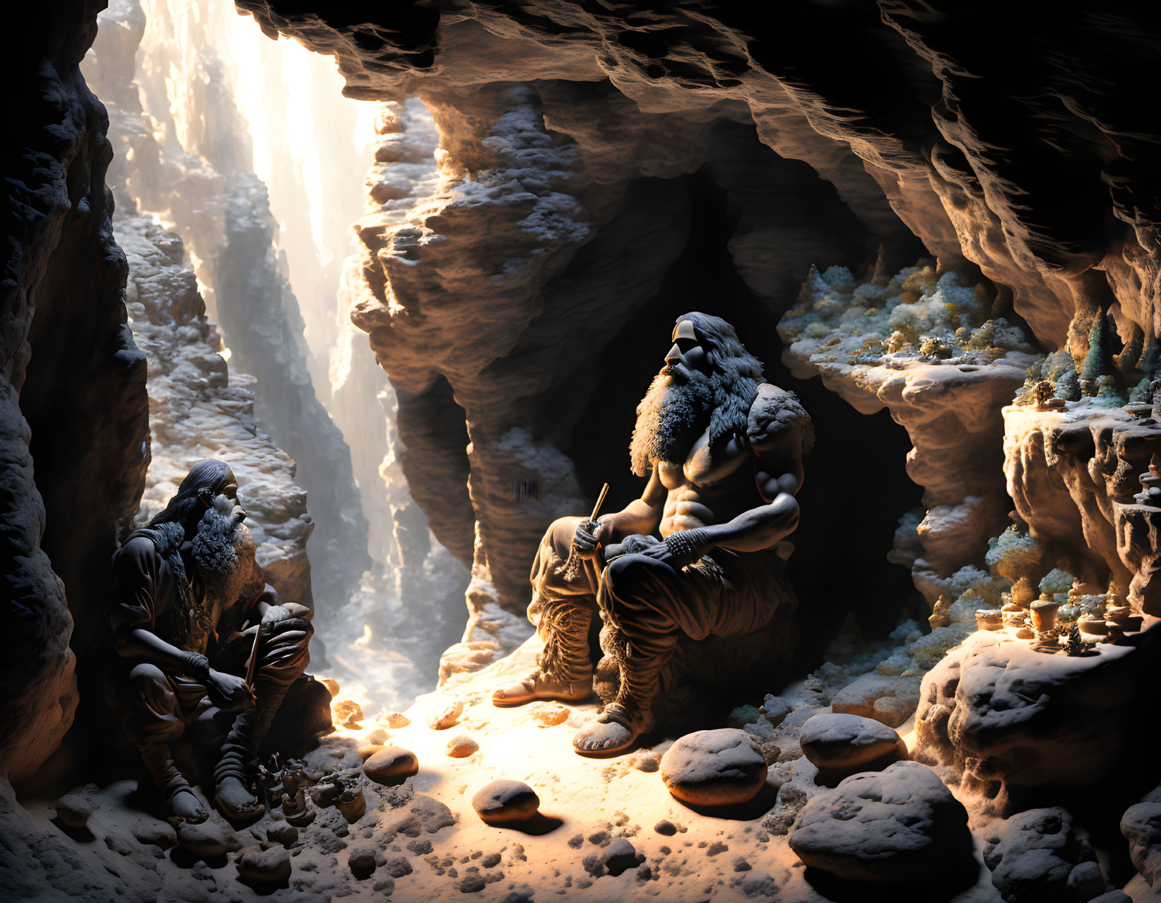 Bearded figures in cavern with sunlight and rocky formations