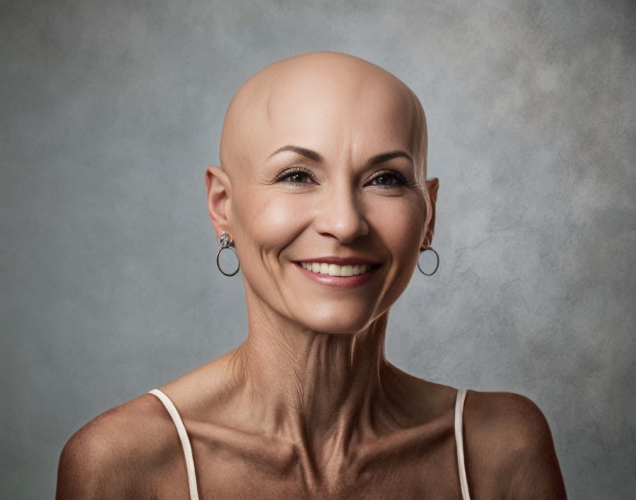 Smiling bald woman portrait with earrings in white top on gray background