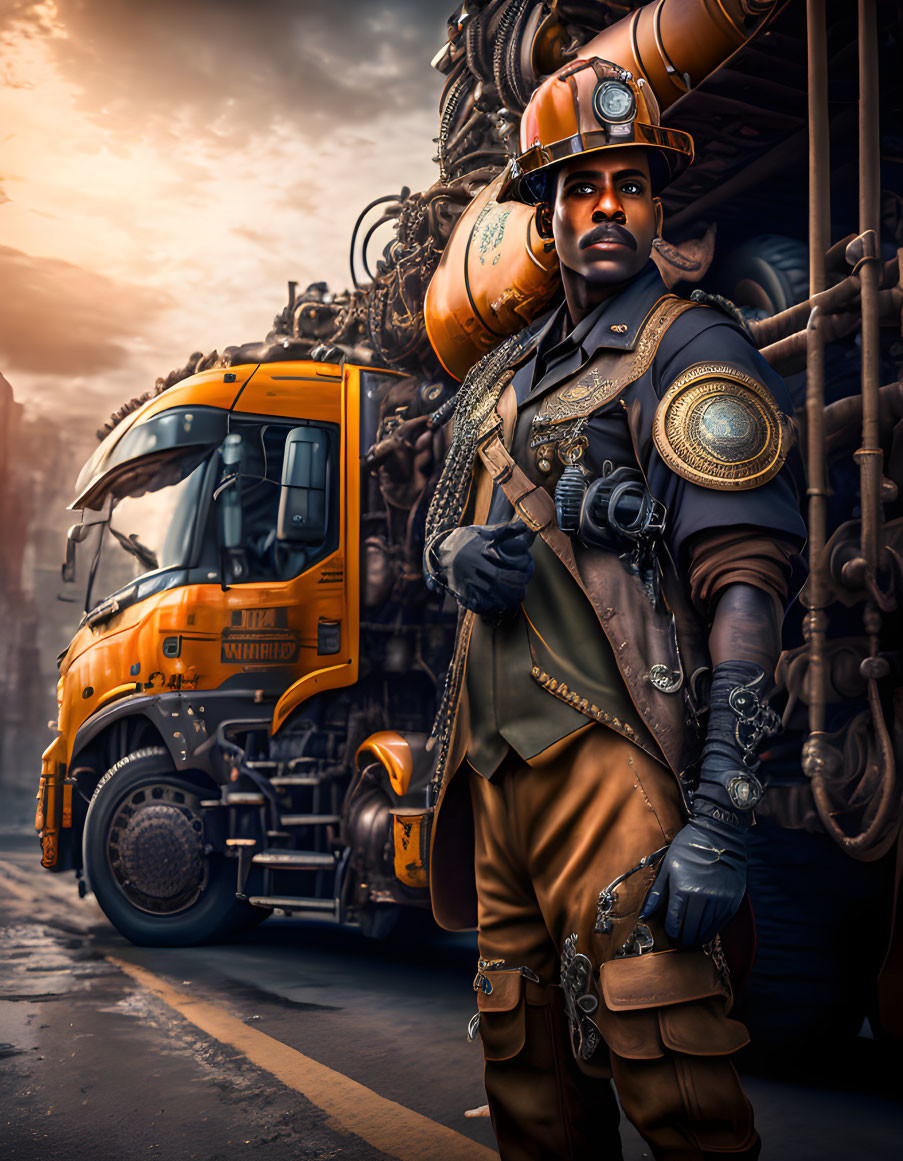 Steampunk-themed portrait featuring man in vintage industrial attire with mechanical contraption and orange truck.