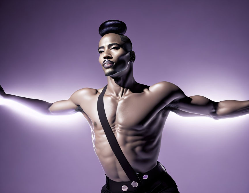 Stylized shirtless man with mustache in high-waisted pants on purple background