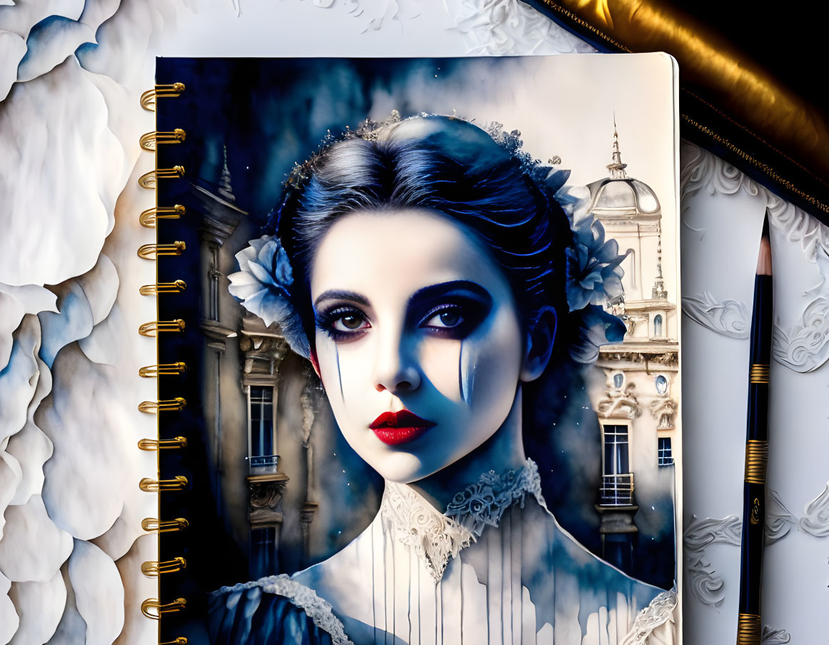 Notebook featuring artistic woman with blue streaks and paper sheets