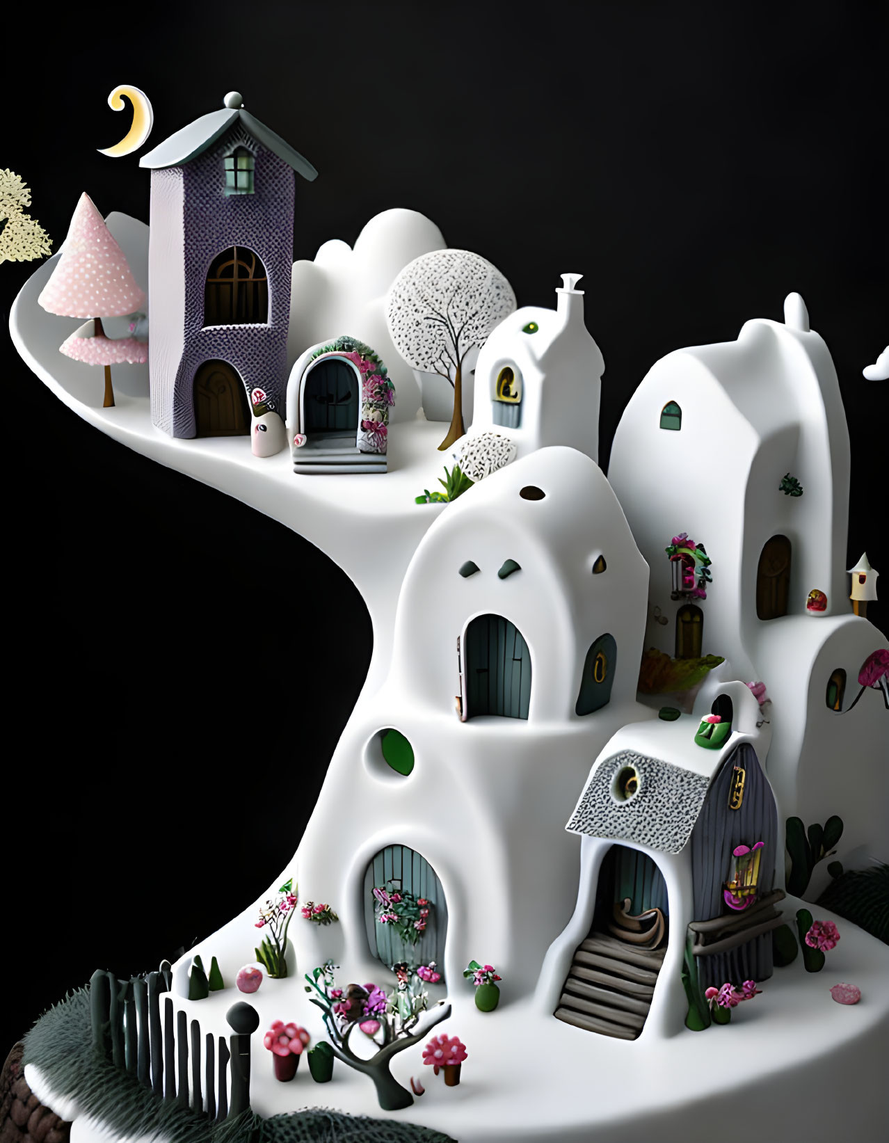 Whimsical fantasy village with white houses under crescent moon