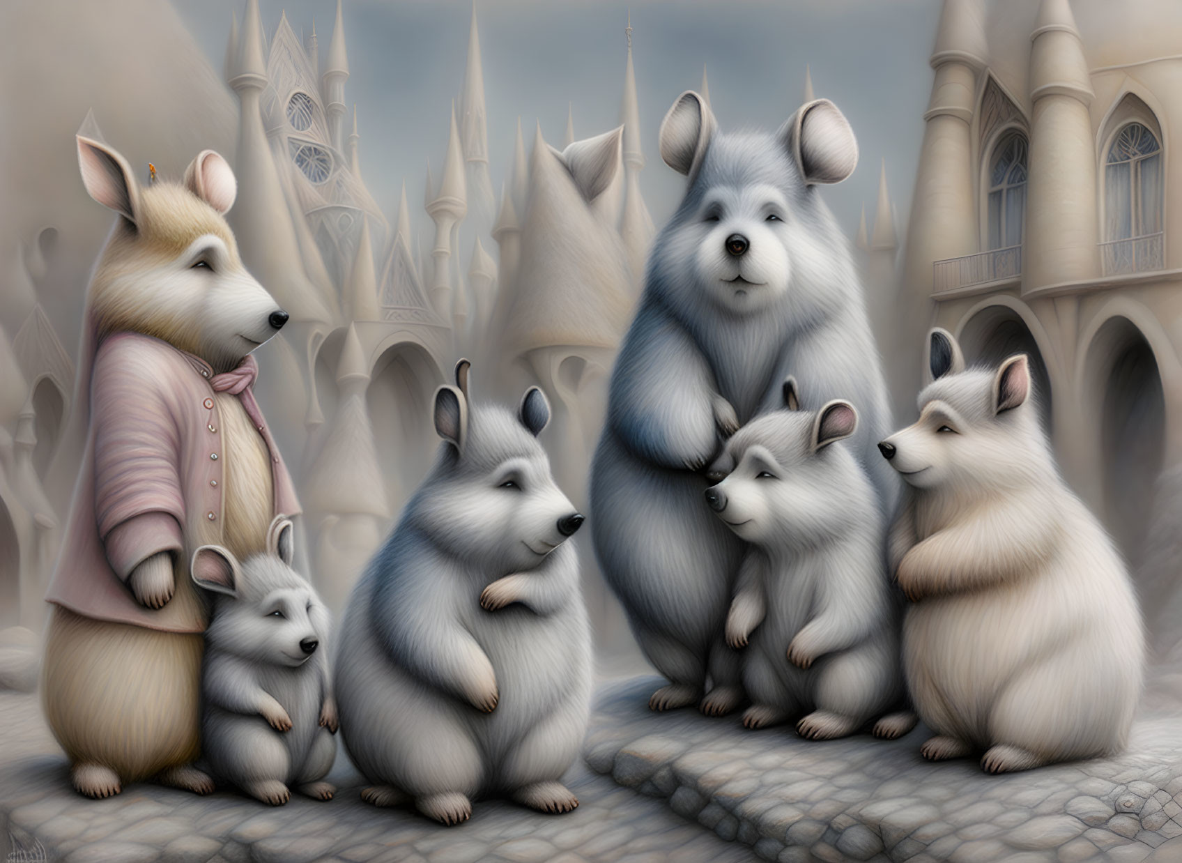 Possum family in clothes with varied expressions in front of fantasy castle.