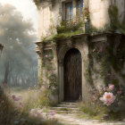 Ivy-covered mansion with wooden door and blooming roses in soft light