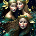 Three ethereal female figures with moon and star motifs in flowing hair on starry background