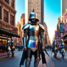 Medieval armor-clad person in modern city setting.