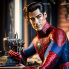 Detailed Spider-Man Figure Sewing Suit in Workshop