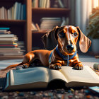 Dachshund on rug with open book in cozy study setting