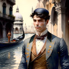 Digital painting of dapper gentleman in 19th-century attire by Venetian canal