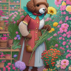 Anthropomorphic rabbit in red jacket and blue pants among colorful flowers with sunflower and wheat stalks