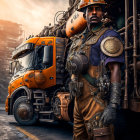 Steampunk-themed portrait featuring man in vintage industrial attire with mechanical contraption and orange truck.