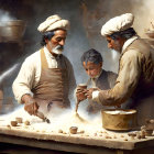 Pottery workshop scene with potters, child, and clay pots
